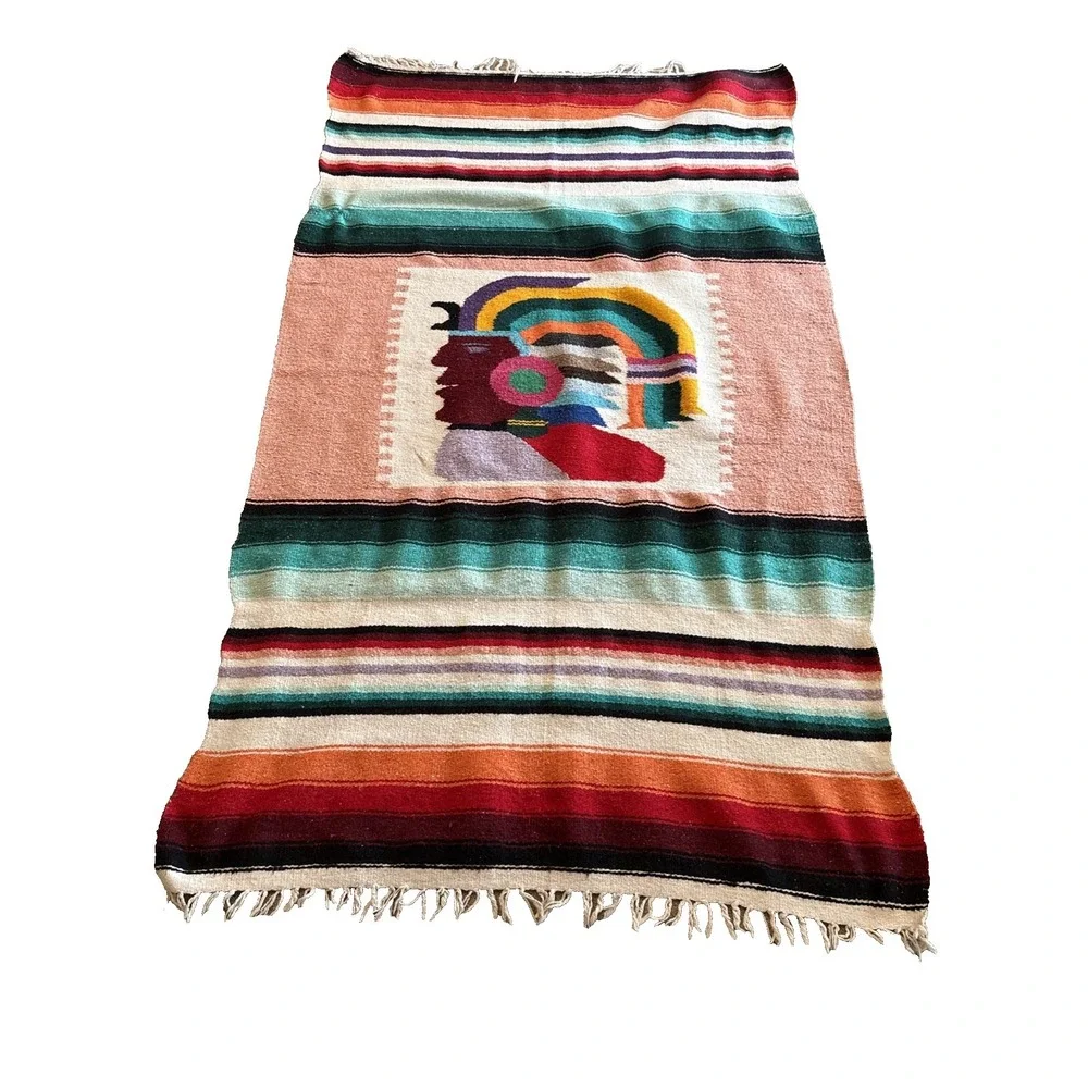 Handmade Woven‎ Aztec Warrior Blanket Fringe Throw Wall Hanging Mexican 75x43